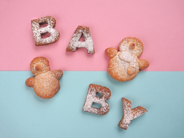 A palavra biscoitos de bebê. Fundo de alimentos.