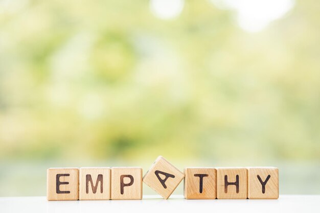 A palavra de empatia é escrita em cubos de madeira em um fundo verde de verão Closeup de elementos de madeira
