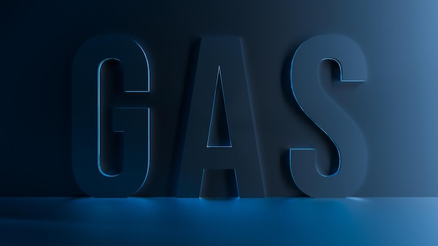 A palavra GAS em um fundo escuro com iluminação de néon azul GAS banner 3D escuro renderização