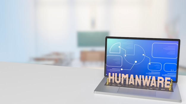 A palavra humanware e o chesson de ouro no notebook na sala de aula para o conceito de negócios ou tecnologia renderização em 3d