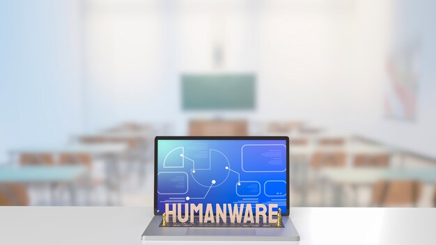 A palavra humanware e o chesson de ouro no notebook na sala de aula para o conceito de negócios ou tecnologia renderização em 3d