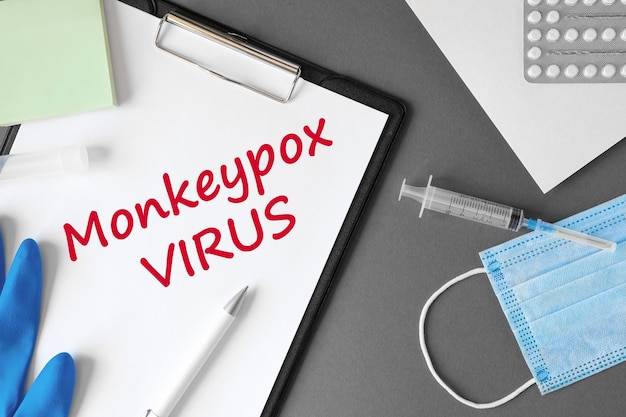 A palavra Monkeypox VIRUS no fundo cinza da mesa do médico moderno Monkey pox se espalhando