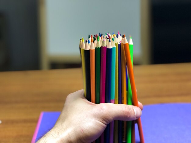 A paleta de lápis é colocada sobre a mesa durante o desenho.