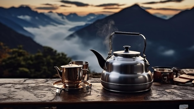 A panela de cozinha com café e chá senta-se na grelha contra o fundo de montanhas majestosas Generative Ai