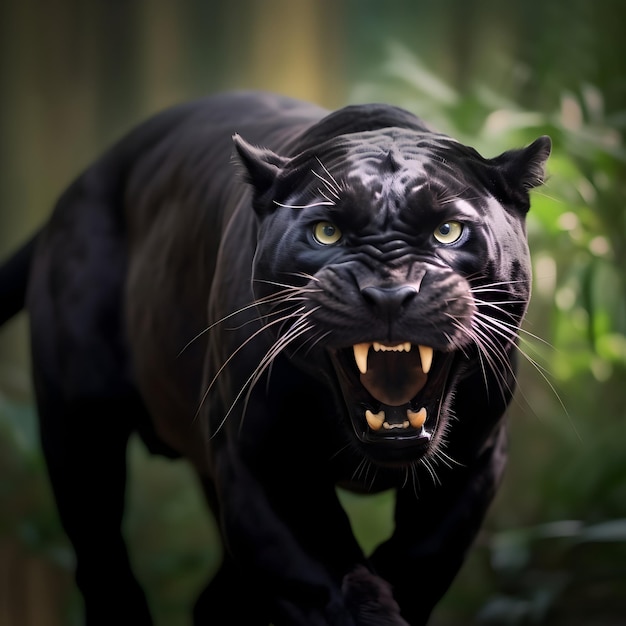 Foto a pantera negra está a correr na natureza.