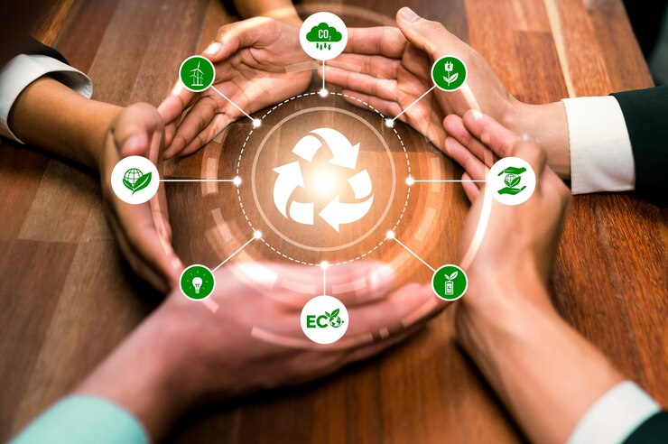 Foto a parceria empresarial forma uma mão circular em torno do ícone de reciclagem, simbolizando o ambiente sustentável esg e a proteção do ecossistema com a tecnologia de reciclagem ecológica e redução de resíduos reliance
