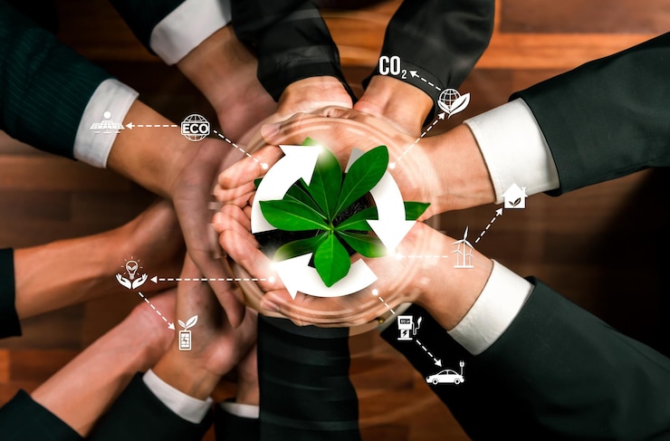Foto a parceria empresarial que detém a planta juntamente com o ícone de reciclagem simboliza a criação de um ambiente sustentável esg e a proteção do ecossistema com a tecnologia ecológica e a reciclador de resíduos reliance