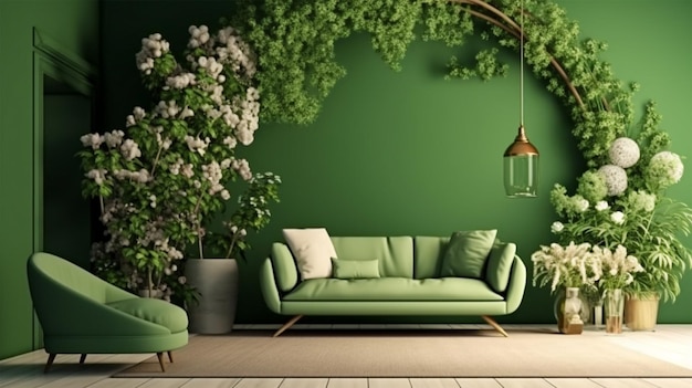 A parede da mobília interior da sala de estar simula um arco verde decorativo moderno com flores secas da moda sofá branco e poltrona renderização 3d Generative Ai