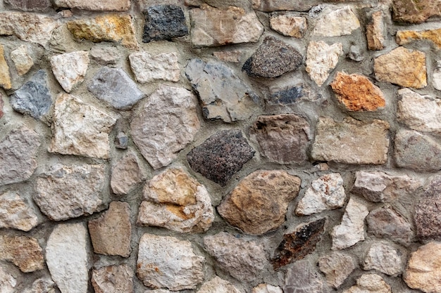 A parede de pedra natural de cinza e marrom em forma de tijolos com cimento.