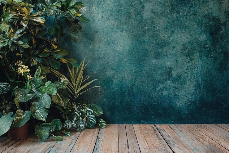 Foto a parede foi pintada em uma cor única com um chão de madeira e plantas no lado esquerdo