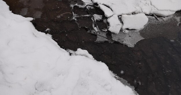 a parte não congelada do rio no inverno durante as nevascas