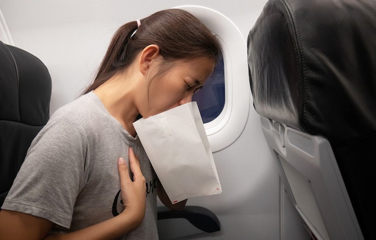 Foto a passageira do avião sentiu-se enjoada pelo ar, afetada por náusea devido a viajar em uma aeronave que usava bolsa de enjoo por vômito devido a doença do ar