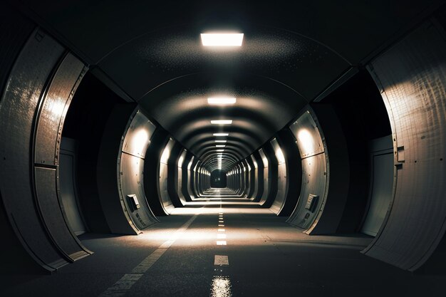 Foto a passagem subterrânea do túnel longa e distante com luzes cena de tiro estilo preto e branco