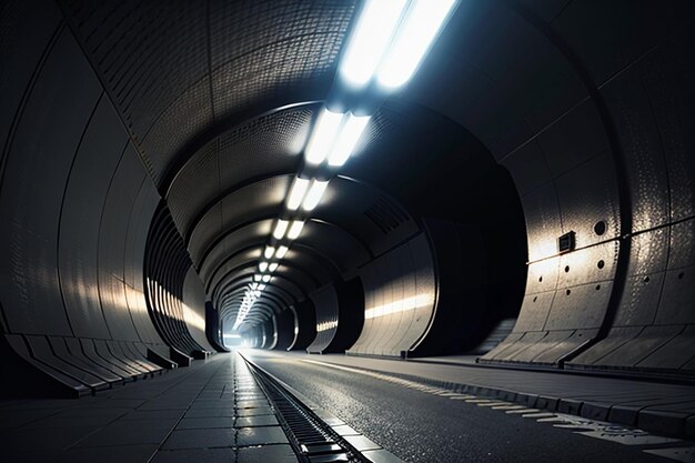 A passagem subterrânea do túnel longa e distante com luzes cena de tiro estilo preto e branco