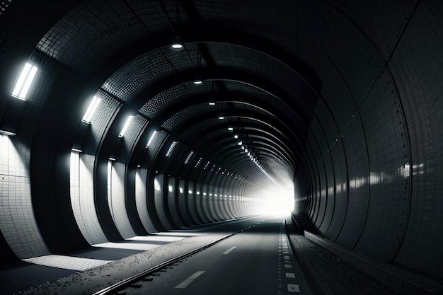 A passagem subterrânea do túnel longa e distante com luzes em estilo preto e branco