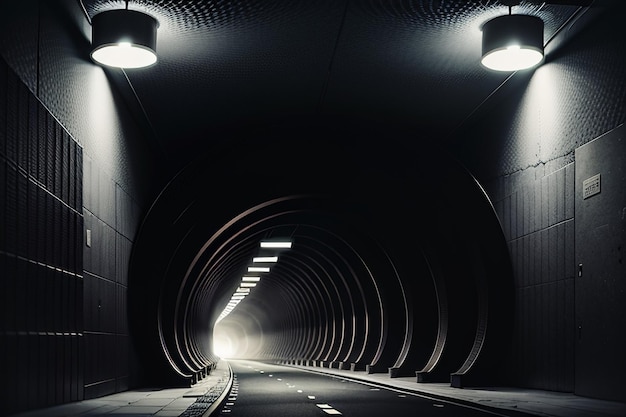 A passagem subterrânea do túnel longa e distante com luzes em estilo preto e branco