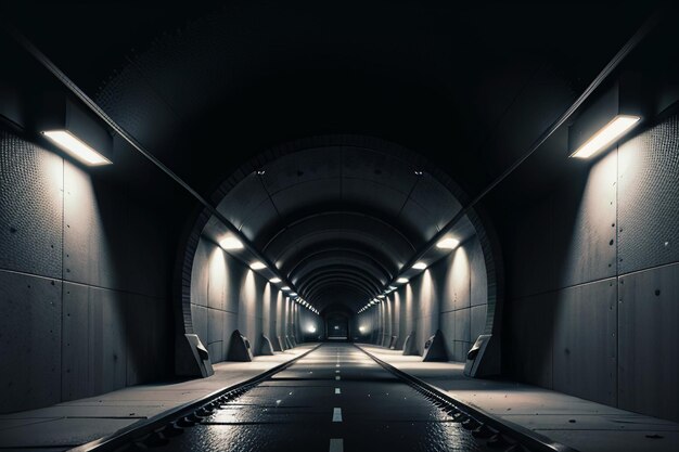 A passagem subterrânea do túnel longa e distante com luzes em estilo preto e branco