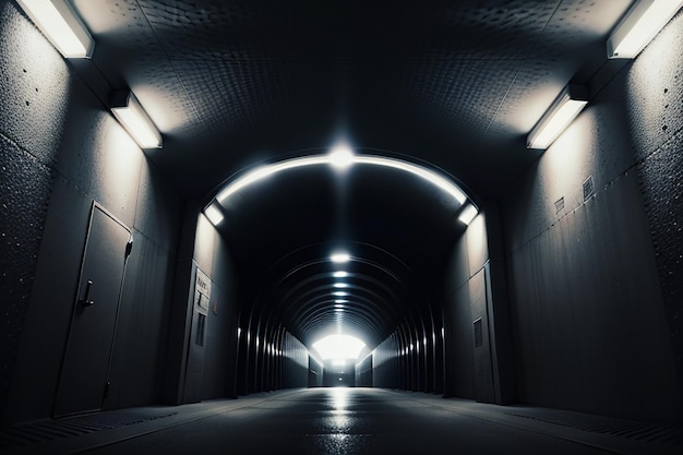 A passagem subterrânea do túnel longa e distante com luzes em estilo preto e branco