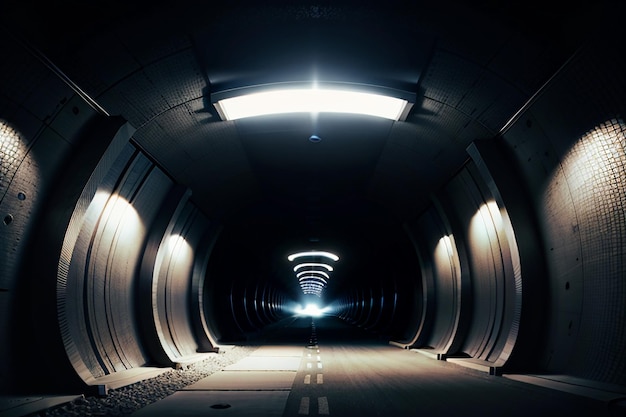 A passagem subterrânea do túnel longa e distante com luzes em estilo preto e branco