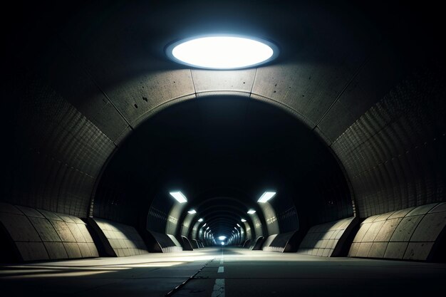 A passagem subterrânea do túnel longa e distante com luzes em estilo preto e branco