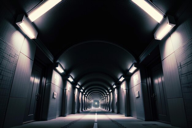 A passagem subterrânea do túnel longa e distante com luzes em estilo preto e branco