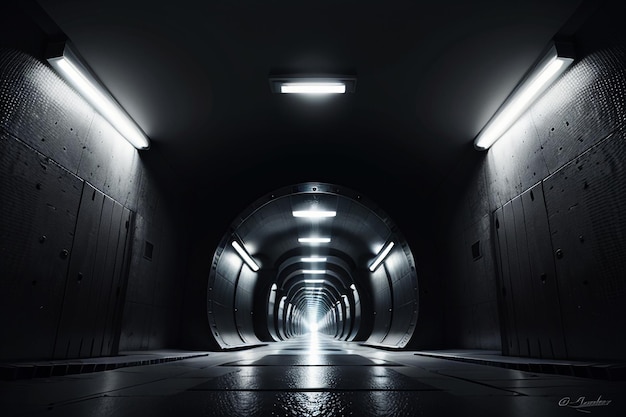 A passagem subterrânea do túnel longa e distante com luzes em estilo preto e branco