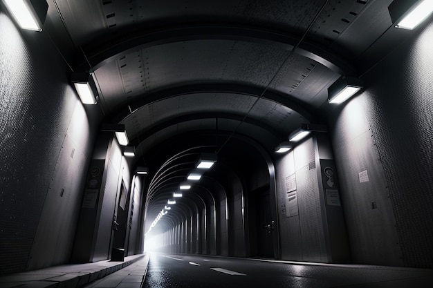 A passagem subterrânea do túnel longa e distante com luzes em estilo preto e branco