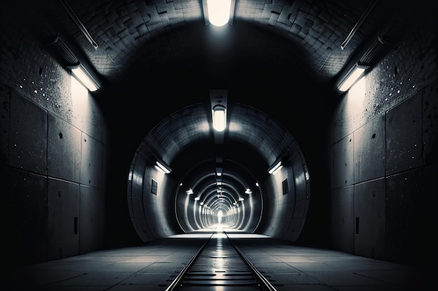 A passagem subterrânea do túnel longa e distante com luzes em estilo preto e branco