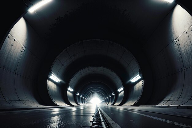 A passagem subterrânea do túnel longa e distante com luzes em estilo preto e branco