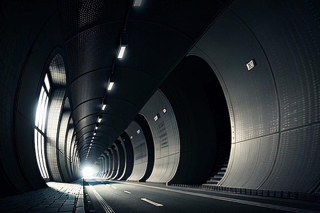 A passagem subterrânea do túnel longa e distante com luzes em estilo preto e branco