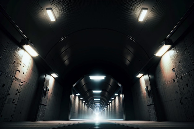 A passagem subterrânea do túnel longa e distante com luzes em estilo preto e branco