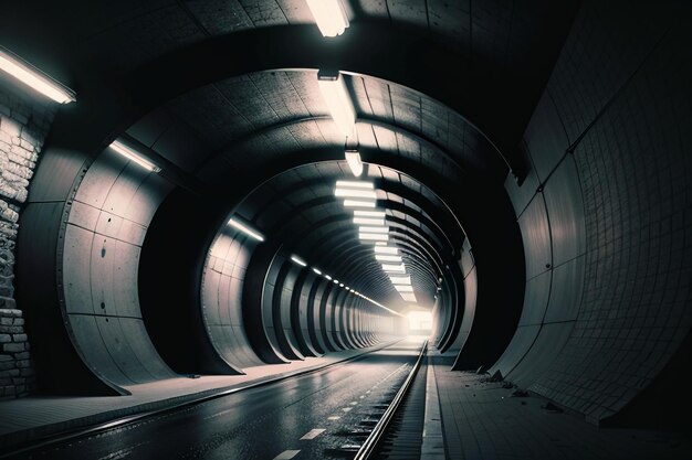 A passagem subterrânea do túnel longa e distante com luzes em estilo preto e branco