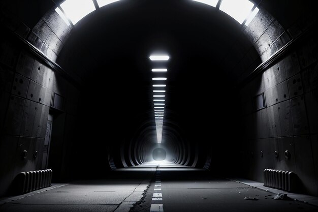 A passagem subterrânea do túnel longa e distante com luzes em estilo preto e branco