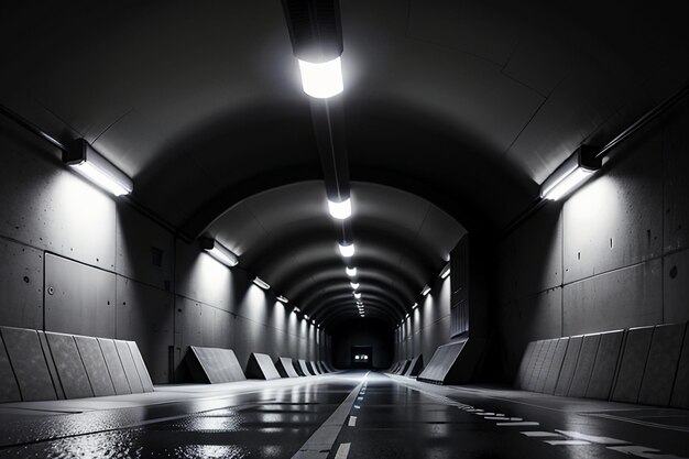 A passagem subterrânea do túnel longa e distante com luzes em estilo preto e branco