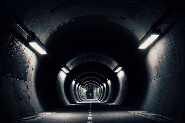 A passagem subterrânea do túnel longa e distante com luzes em estilo preto e branco