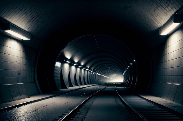 A passagem subterrânea do túnel longa e distante com luzes em estilo preto e branco