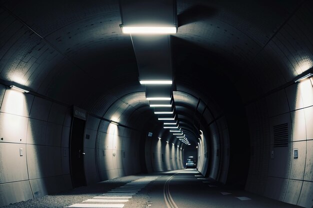 A passagem subterrânea do túnel longa e distante com luzes em estilo preto e branco