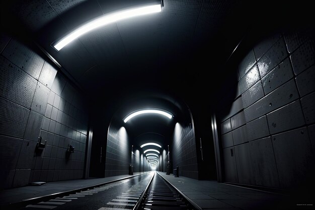 A passagem subterrânea do túnel longa e distante com luzes em estilo preto e branco