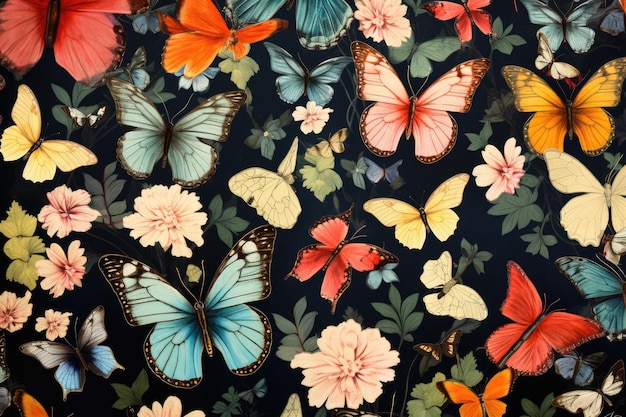 Foto a pattern of butterflies against a floral backdrop ai generated