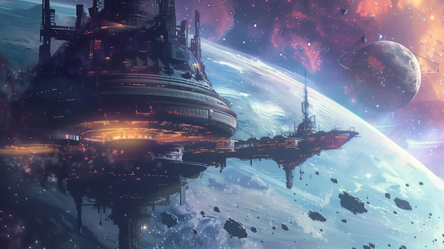 A peça de arte digital da Estação Fronteiriça Galáctica apresenta uma intrincada estação espacial em órbita de um gigante de gás com asteróides e estrelas distantes pintando uma cena de civilização e exploração espacial avançada