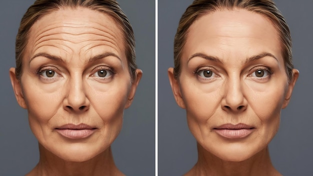 Foto a pele do rosto de uma mulher antes e depois de procedimentos cosméticos de beleza estética com o remova