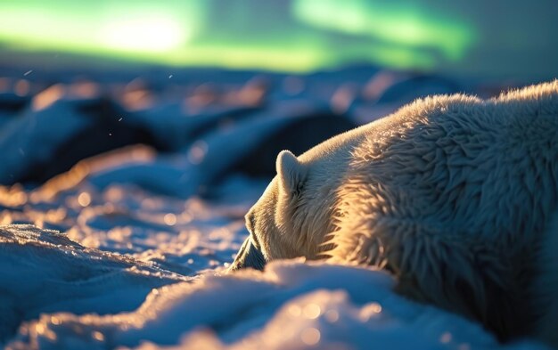 A pele do urso polar brilha no brilho suave das luzes do norte.