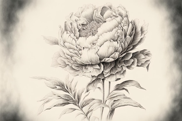 A peônia em flor é um desenho a lápis de uma flor