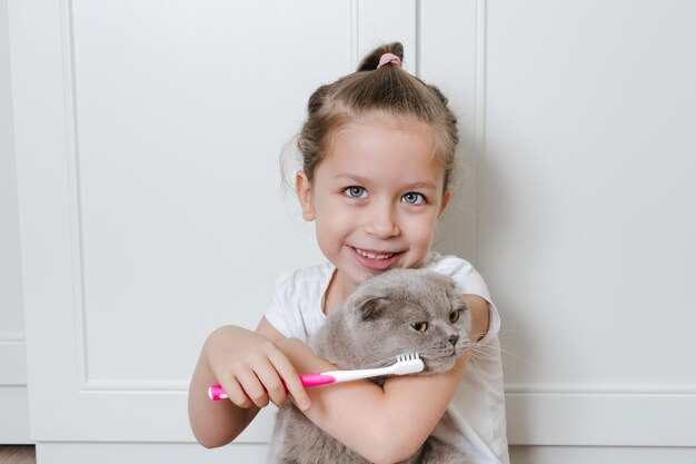 A pequena garota engraçada escovando os dentes do gato com escova de dentes conceito de saúde do animal de estimação