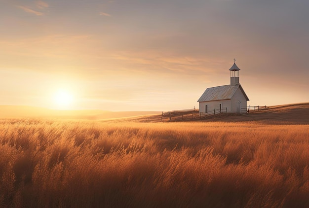 Foto a pequena igreja branca em uma pradaria com vista para o sol no estilo de