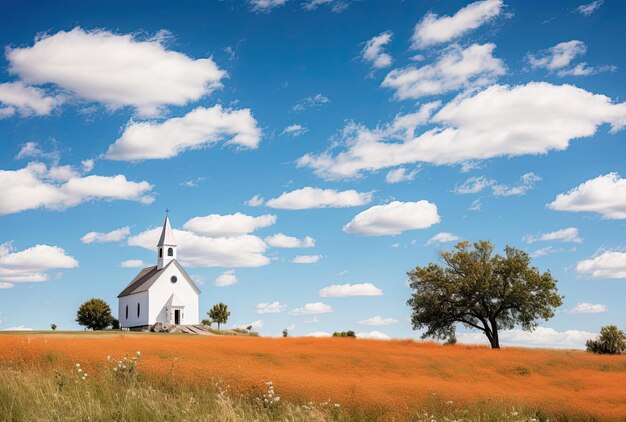 Foto a pequena igreja é um edifício branco ao lado da grama no estilo do romantismo americano