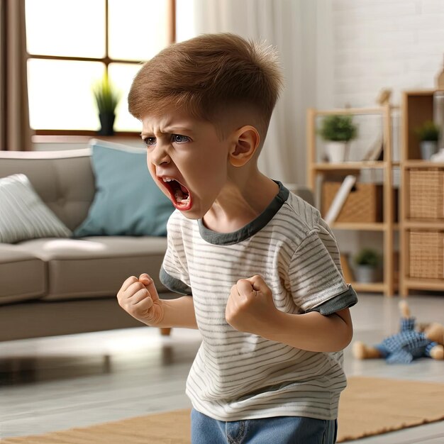 Foto a pequena rebelde grita frustração na sala de estar