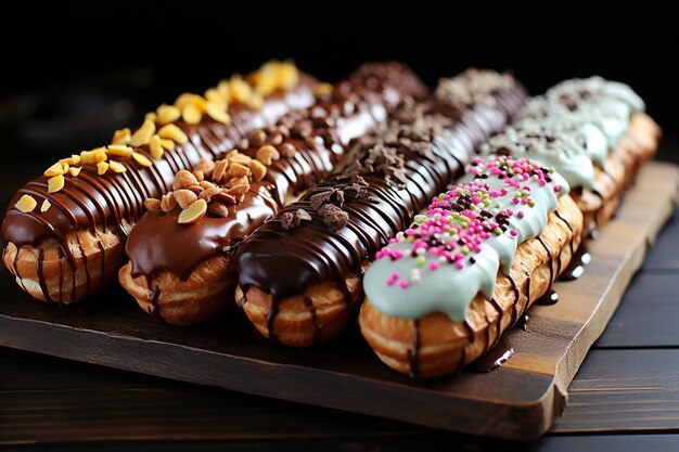 A perfeição da pastelaria francesa, um prato de Eclairs.