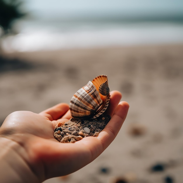 Foto a person holding a shell in their hand on a beach