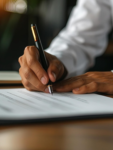 Foto a person seated at a desk writing on a piece of paper with a pen generative ai